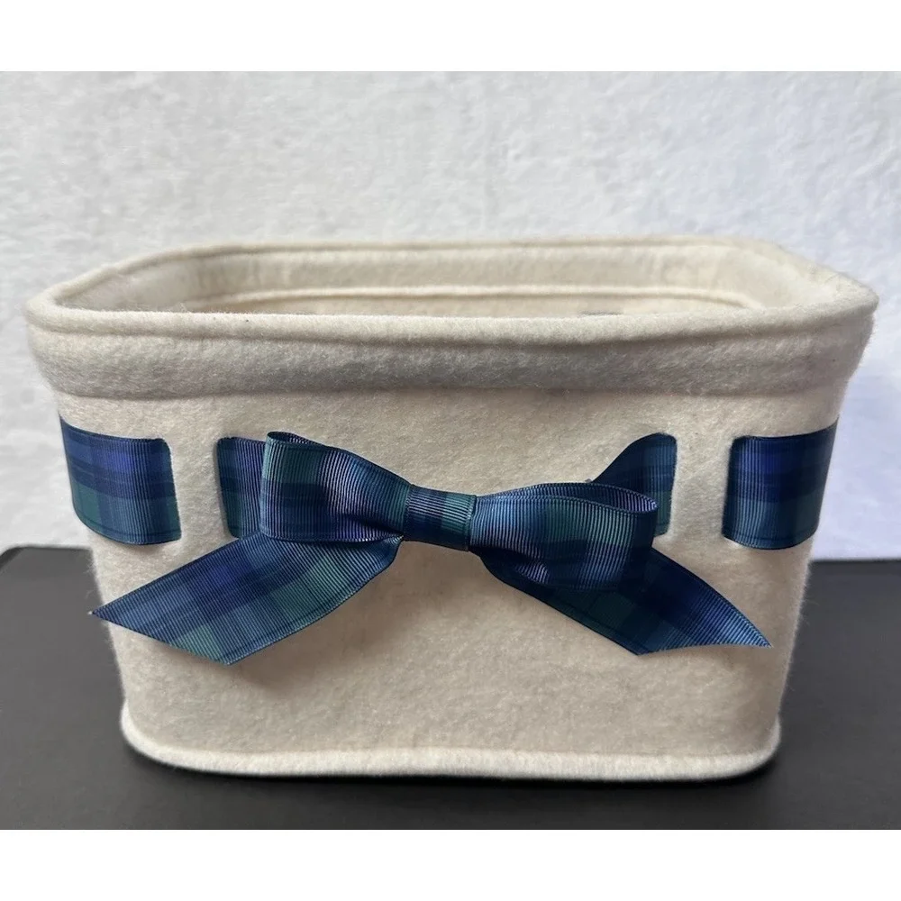 Basket Ivory Felt Blue Plaid Bow Velvet Threshold Rectangle 10x8x6 New